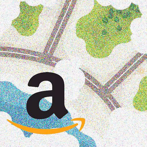 A square panel showcasing the black and orange Amazon Ads logo over a pixelated airplane city flyover image.