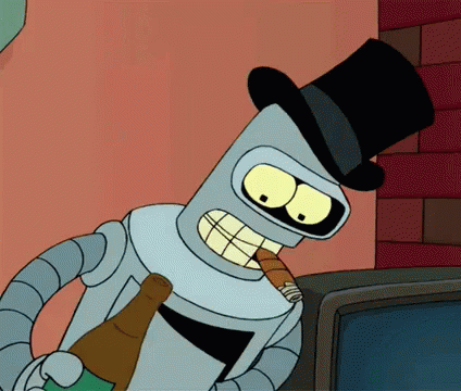 An animated gif of irascible Futurama character "Bender" drinking alcohol, smoking a cigar, and pulling a monocle out of the trash to put it over his left eye.