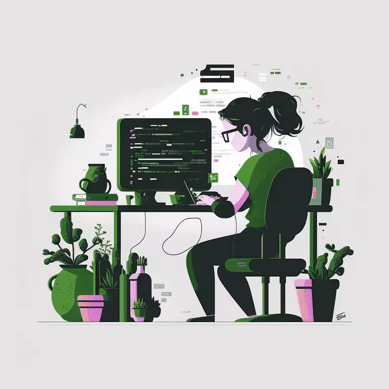 Purple, green, and black image showing a sharp digital marketing expert hard at work at a computer desk.