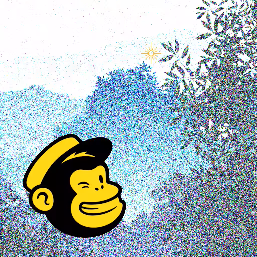 A square panel showcasing the black and yellow MailChimp logo over a pixelated jungle image.