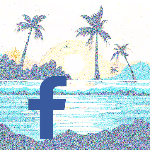 A square panel showcasing the blue Facebook logo over a pixelated prairie image.