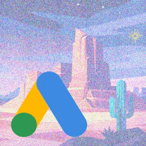 A square panel showcasing the blue, yellow, and green Google Ads logo over a pixelated desert monument image.