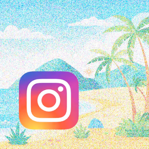 A square panel showcasing the violet and red Instagram logo over a pixelated beach mountain image.