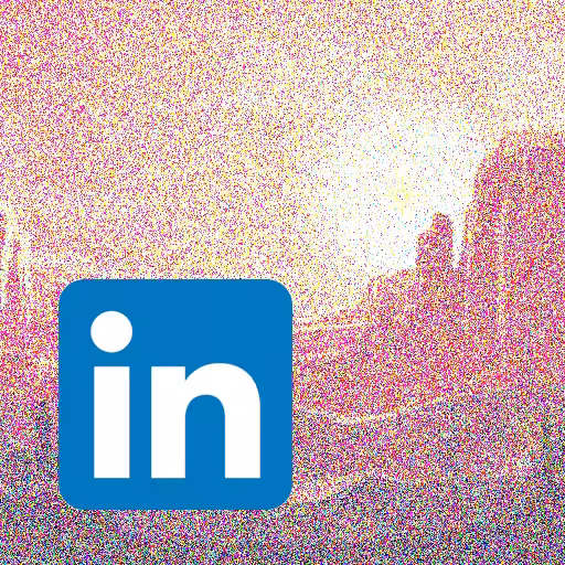 A square panel showcasing the blue LinkedIn logo over a pixelated desert sunset image.