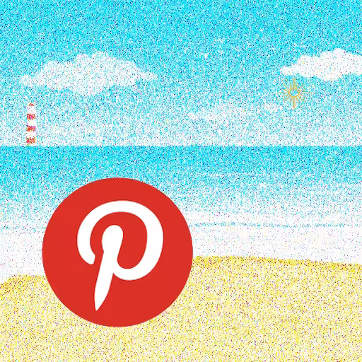 A square panel showcasing the red Pinterest logo over a pixelated coastline image.