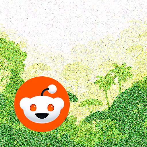 A square panel showcasing the orange Reddit logo over a pixelated beach jungle image.