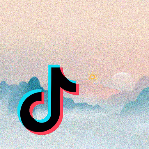 A square panel showcasing the black, blue, and red TikTok logo over a pixelated mountain sunset image.