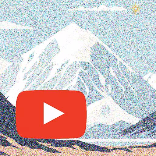 A square panel showcasing the red YouTube logo over a pixelated winter mountain image.